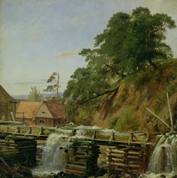 En vandmølle i Christiania, ca. 1834 (olie på papir på pap)